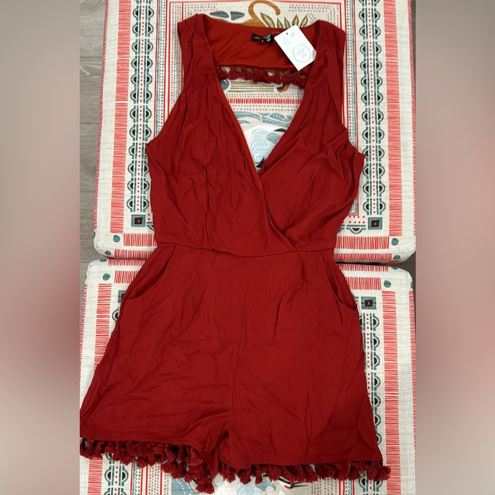 BRAND NEW! Romper, Red, Cute Open-Back w/ Tassle Details, V-Crossed Neckline,(S)